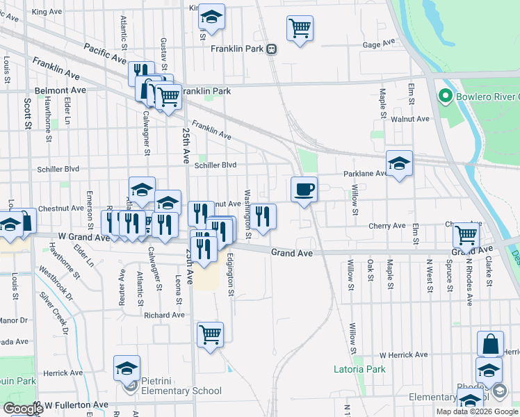 map of restaurants, bars, coffee shops, grocery stores, and more near 9407 Chestnut Avenue in Franklin Park