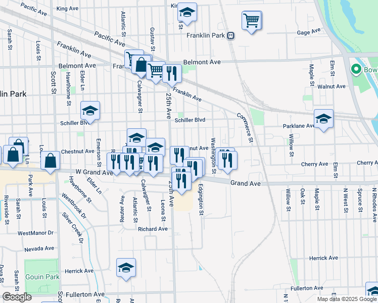 map of restaurants, bars, coffee shops, grocery stores, and more near 2840 Pearl Street in Franklin Park