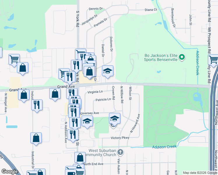 map of restaurants, bars, coffee shops, grocery stores, and more near 545 Crown Road in Elmhurst