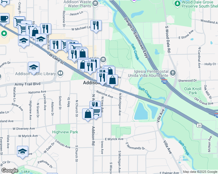 map of restaurants, bars, coffee shops, grocery stores, and more near 33 East Lake Street in Addison