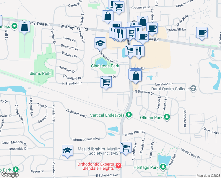 map of restaurants, bars, coffee shops, grocery stores, and more near 166-178 N Brandon Dr in Glendale Heights