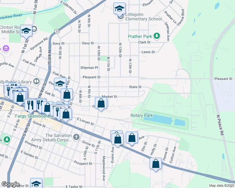 map of restaurants, bars, coffee shops, grocery stores, and more near 1133 Market Street in DeKalb