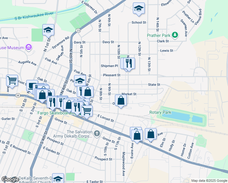 map of restaurants, bars, coffee shops, grocery stores, and more near 921 Market Street in DeKalb