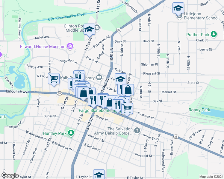 map of restaurants, bars, coffee shops, grocery stores, and more near 429 Oak Street in DeKalb