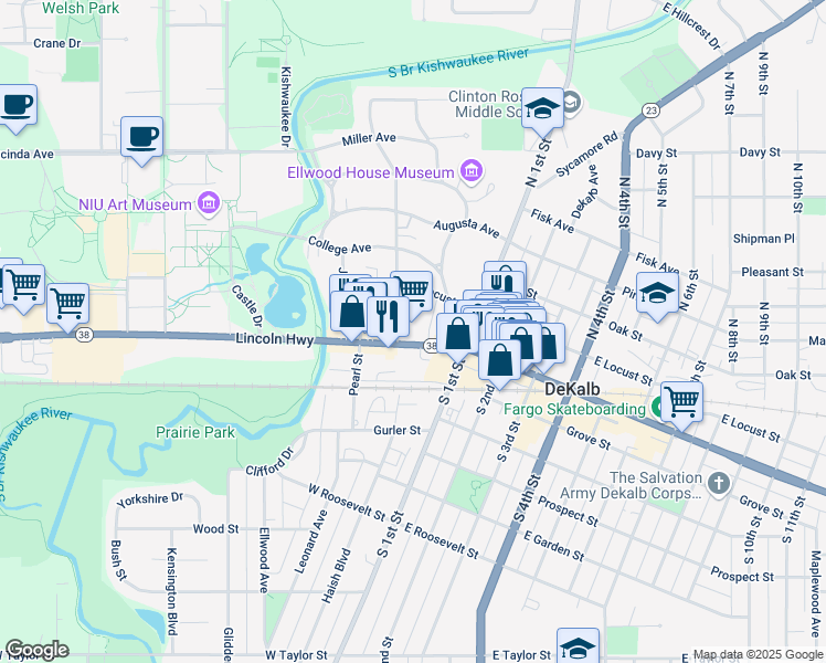 map of restaurants, bars, coffee shops, grocery stores, and more near 159 West Lincoln Highway in DeKalb