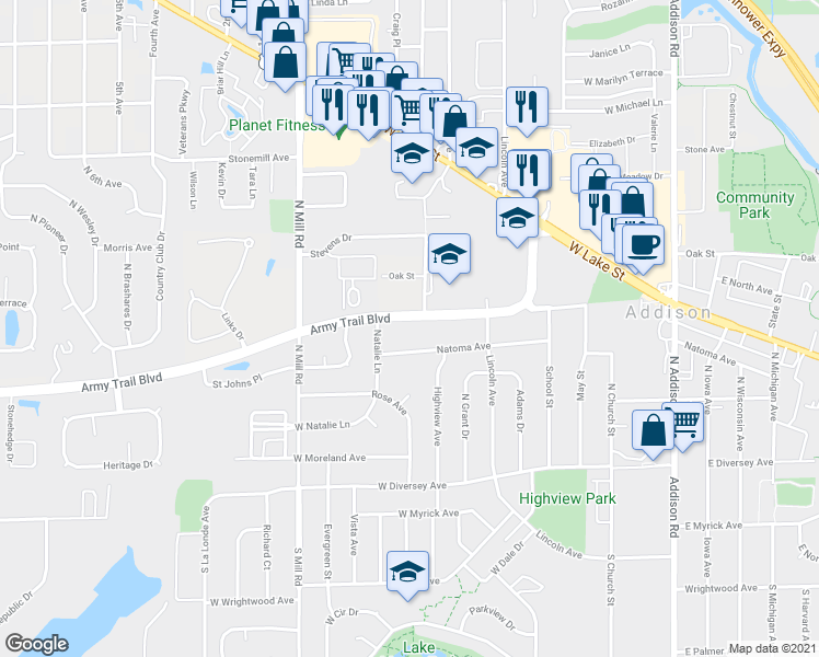 map of restaurants, bars, coffee shops, grocery stores, and more near 423 Army Trail Boulevard in Addison