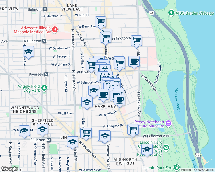 map of restaurants, bars, coffee shops, grocery stores, and more near 2649 North Clark Street in Chicago