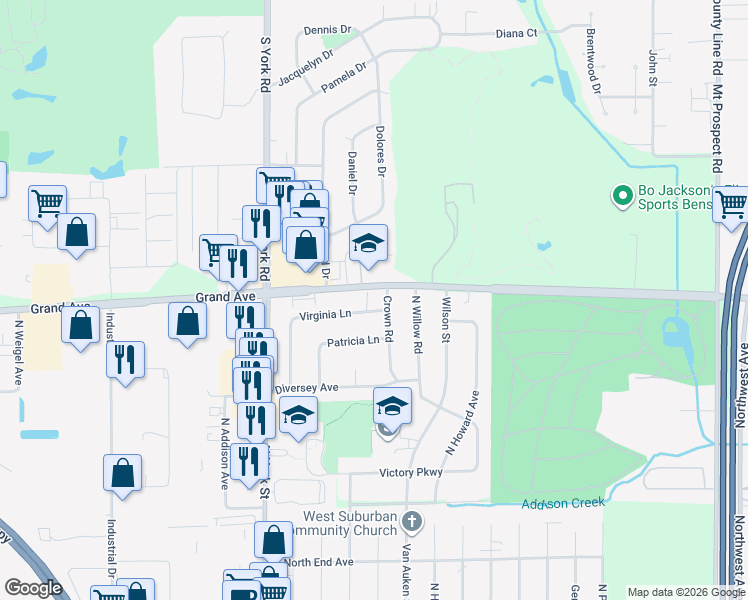 map of restaurants, bars, coffee shops, grocery stores, and more near 545 Crown Road in Elmhurst