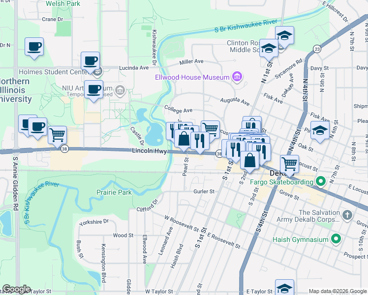 map of restaurants, bars, coffee shops, grocery stores, and more near 215 West Lincoln Highway in DeKalb