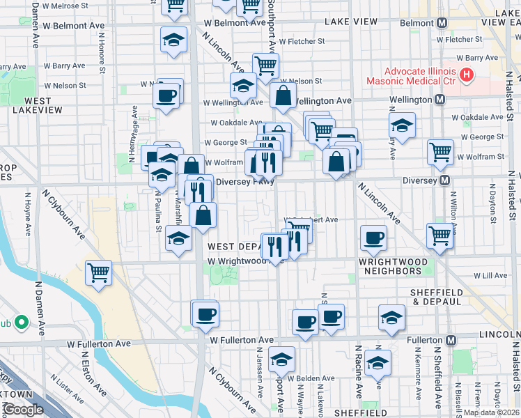 map of restaurants, bars, coffee shops, grocery stores, and more near 2707 North Janssen Avenue in Chicago