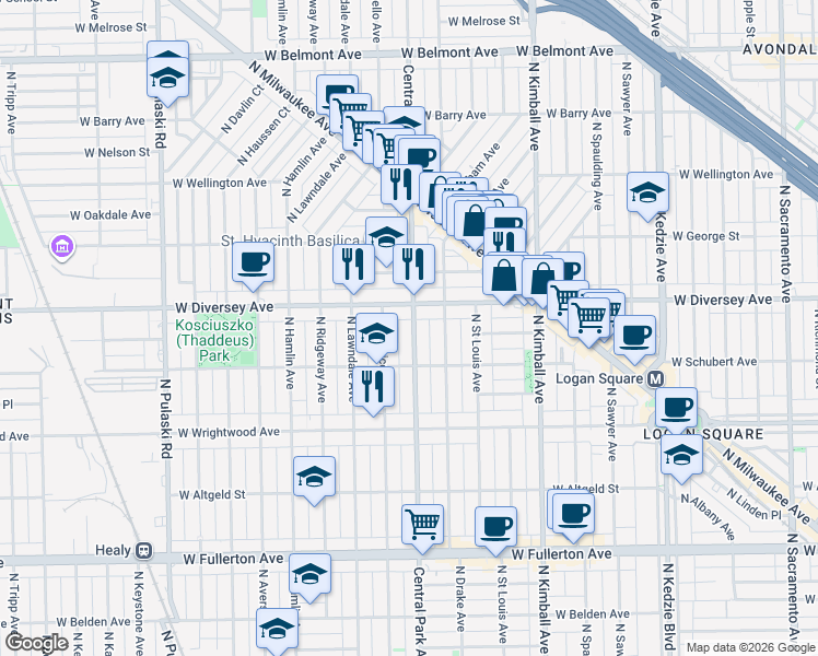 map of restaurants, bars, coffee shops, grocery stores, and more near 2729 North Central Park Avenue in Chicago