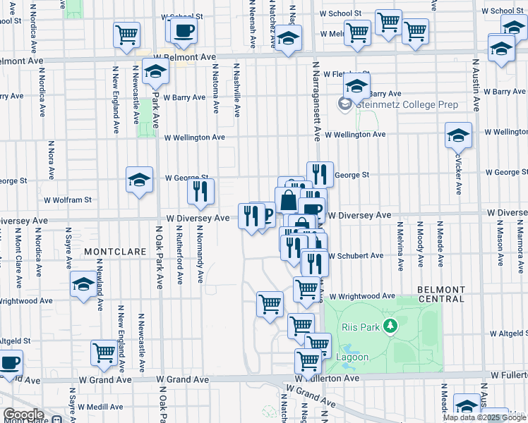 map of restaurants, bars, coffee shops, grocery stores, and more near 6520 West Diversey Avenue in Chicago