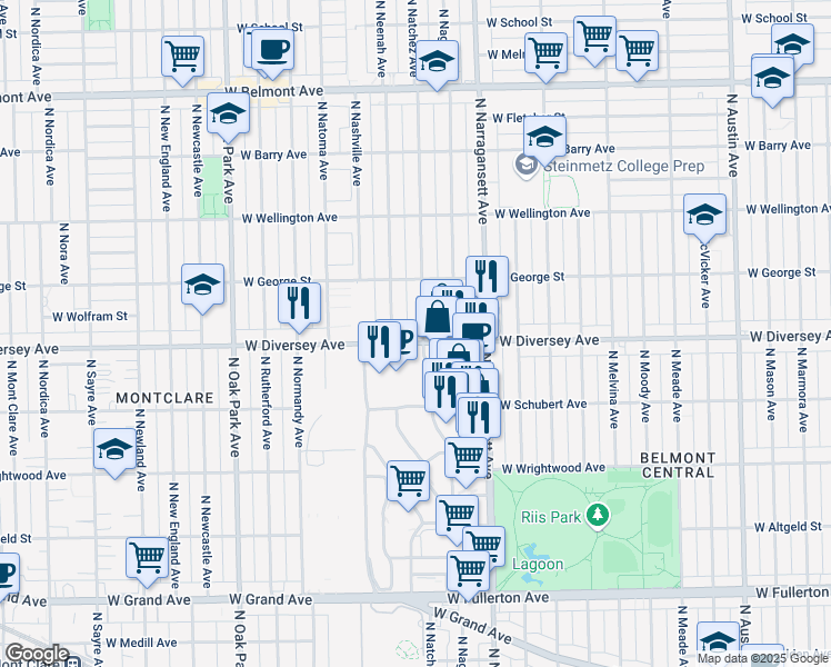 map of restaurants, bars, coffee shops, grocery stores, and more near 6520 West Diversey Avenue in Chicago