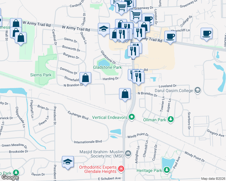map of restaurants, bars, coffee shops, grocery stores, and more near 178 North Brandon Drive in Glendale Heights