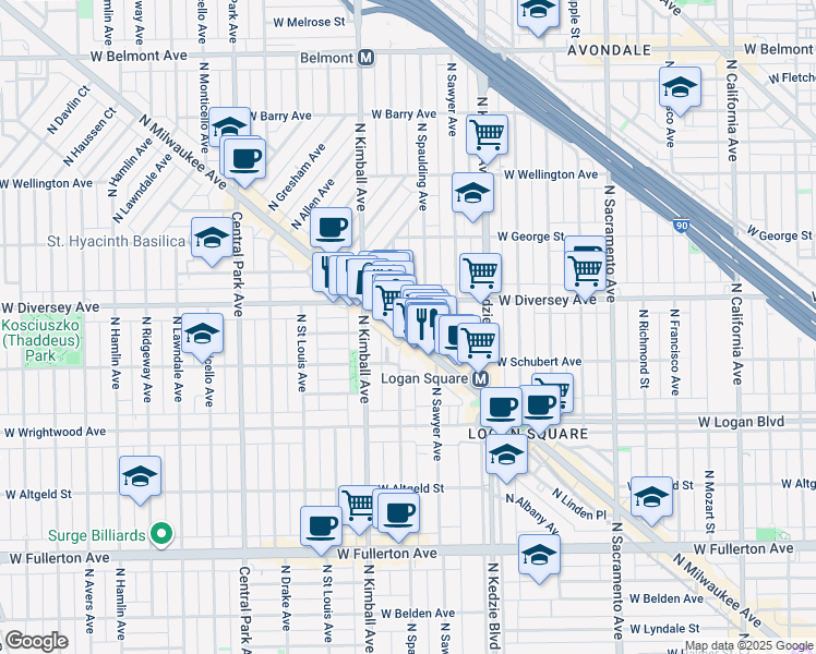 map of restaurants, bars, coffee shops, grocery stores, and more near 2746 North Milwaukee Avenue in Chicago