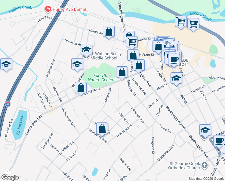 map of restaurants, bars, coffee shops, grocery stores, and more near 1 Millers Lane in Kingston