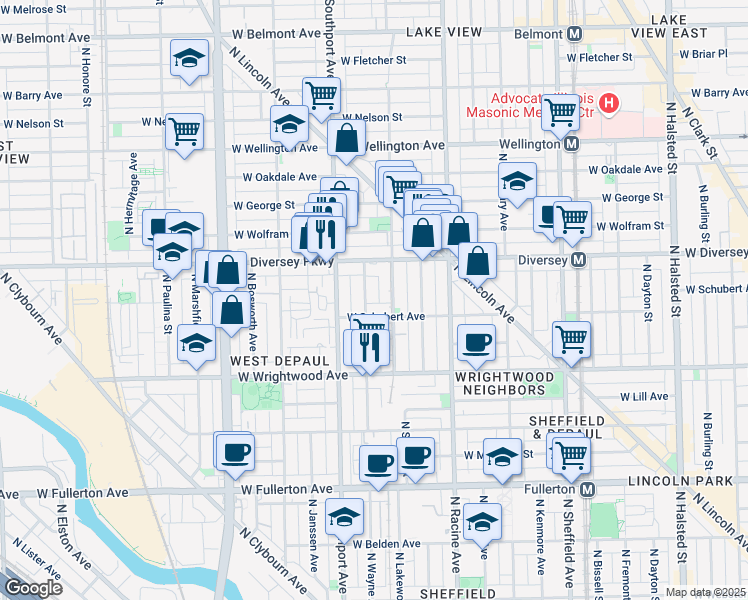 map of restaurants, bars, coffee shops, grocery stores, and more near 1304 West Schubert Avenue in Chicago