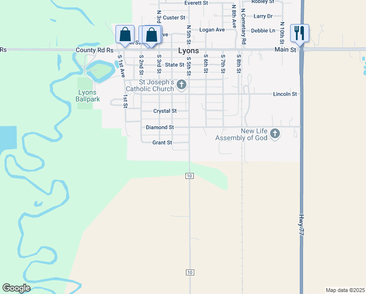 map of restaurants, bars, coffee shops, grocery stores, and more near 425 Grant Street in Lyons