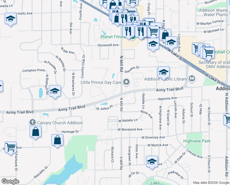 map of restaurants, bars, coffee shops, grocery stores, and more near 19W304 Army Trail Boulevard in Addison