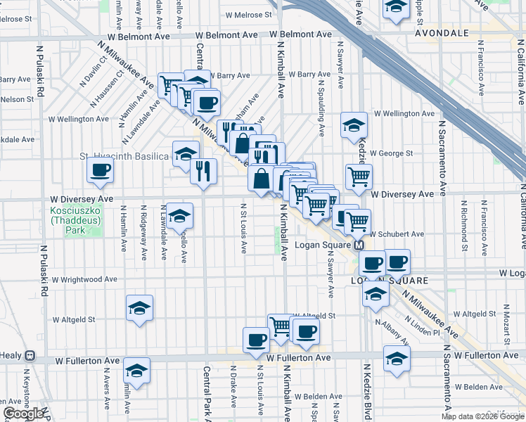 map of restaurants, bars, coffee shops, grocery stores, and more near 3428 West Parker Avenue in Chicago