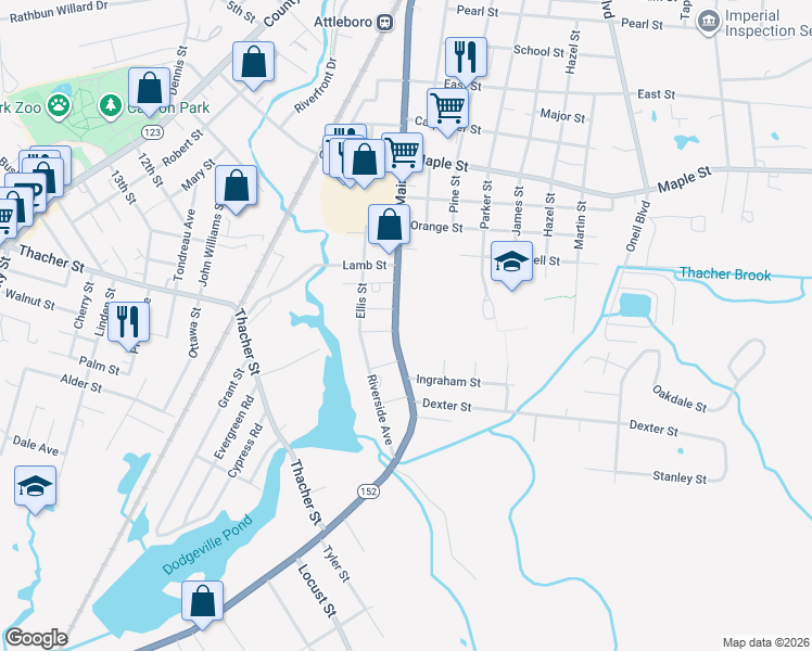 map of restaurants, bars, coffee shops, grocery stores, and more near 274 South Main Street in Attleboro