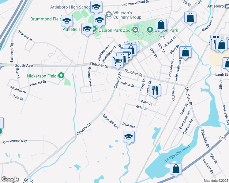 map of restaurants, bars, coffee shops, grocery stores, and more near 722 County Street in Attleboro
