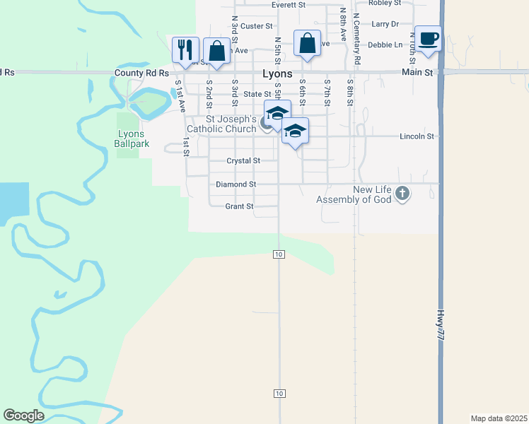 map of restaurants, bars, coffee shops, grocery stores, and more near 425 Grant Street in Lyons