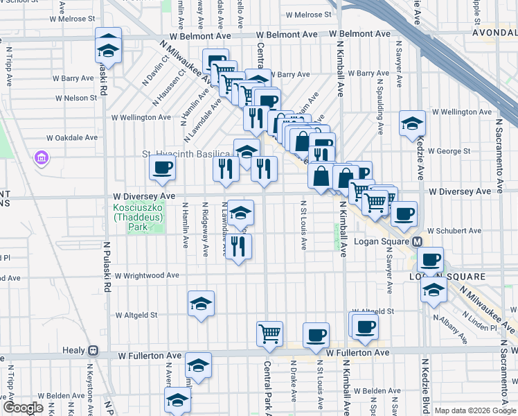 map of restaurants, bars, coffee shops, grocery stores, and more near 2729 North Central Park Avenue in Chicago