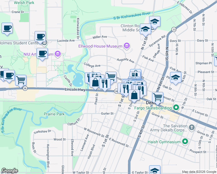 map of restaurants, bars, coffee shops, grocery stores, and more near 126 Park Avenue in DeKalb