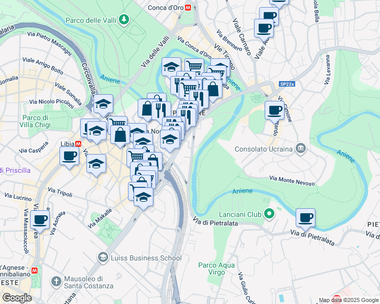 map of restaurants, bars, coffee shops, grocery stores, and more near 316 Via Nomentana in Roma