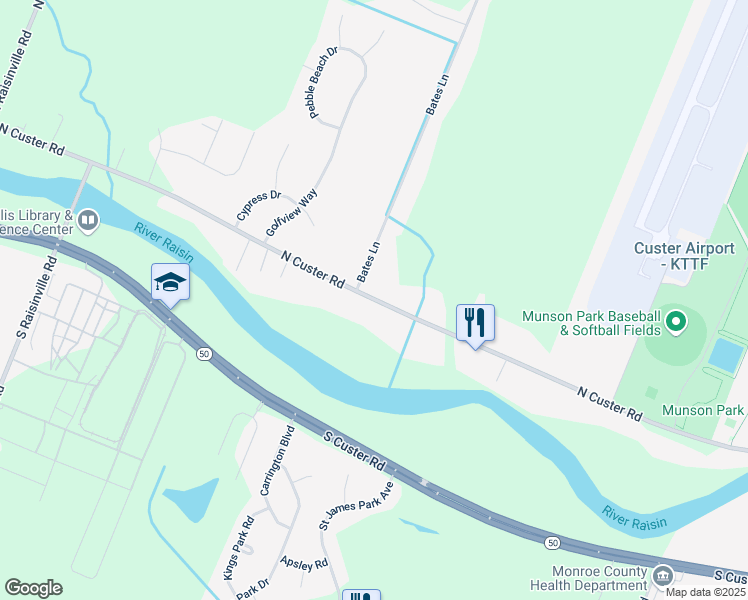 map of restaurants, bars, coffee shops, grocery stores, and more near 3173 North Custer Road in Monroe