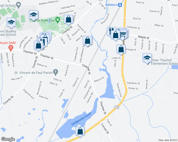 map of restaurants, bars, coffee shops, grocery stores, and more near 179 Thacher Street in Attleboro