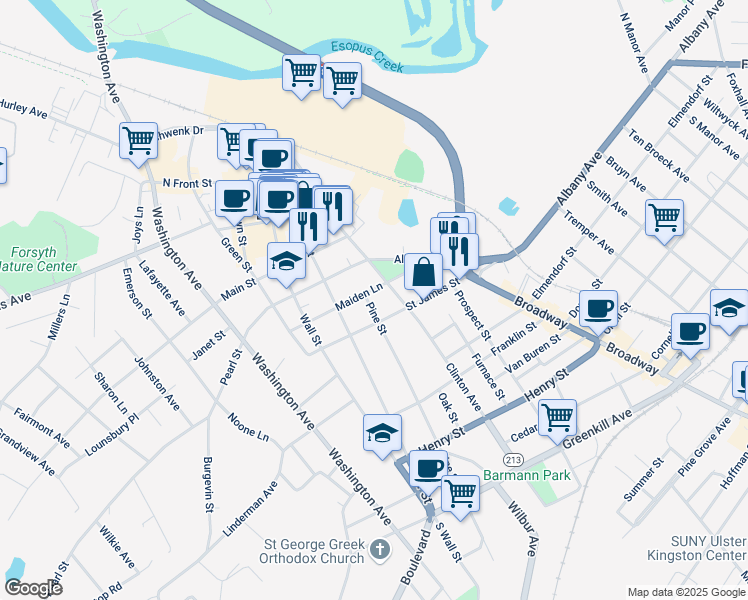 map of restaurants, bars, coffee shops, grocery stores, and more near 192 Pine Street in Kingston