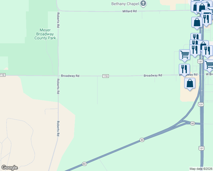 map of restaurants, bars, coffee shops, grocery stores, and more near 14877 Broadway Road in Three Rivers