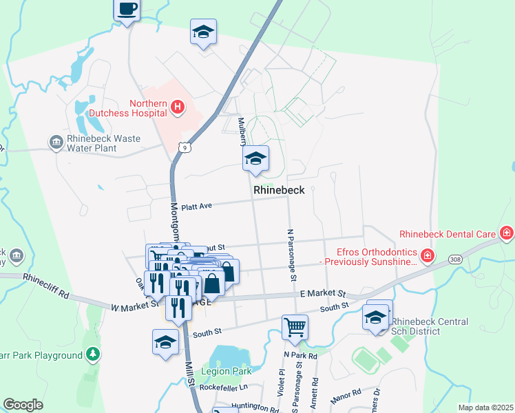 map of restaurants, bars, coffee shops, grocery stores, and more near 51 Mulberry Street in Rhinebeck