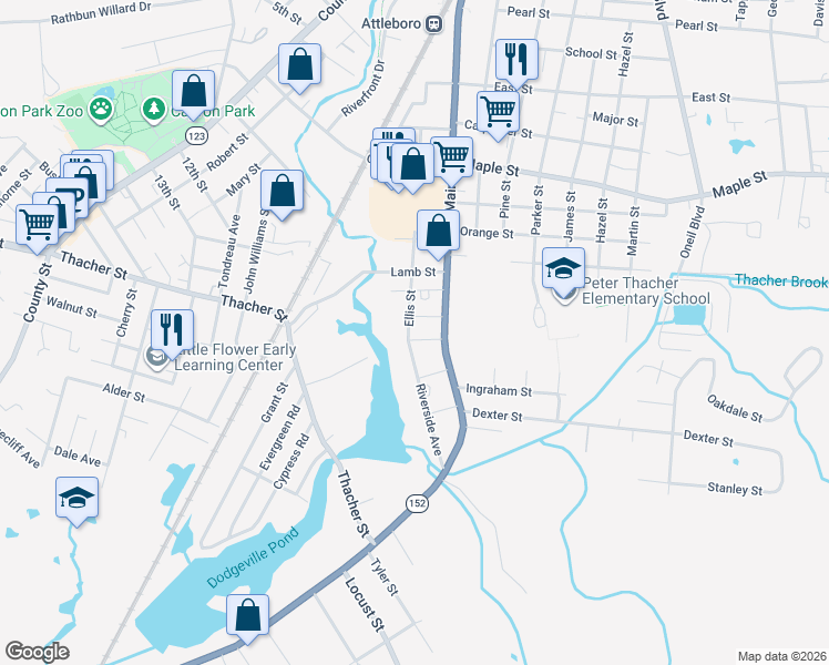 map of restaurants, bars, coffee shops, grocery stores, and more near 22 Chester Street in Attleboro