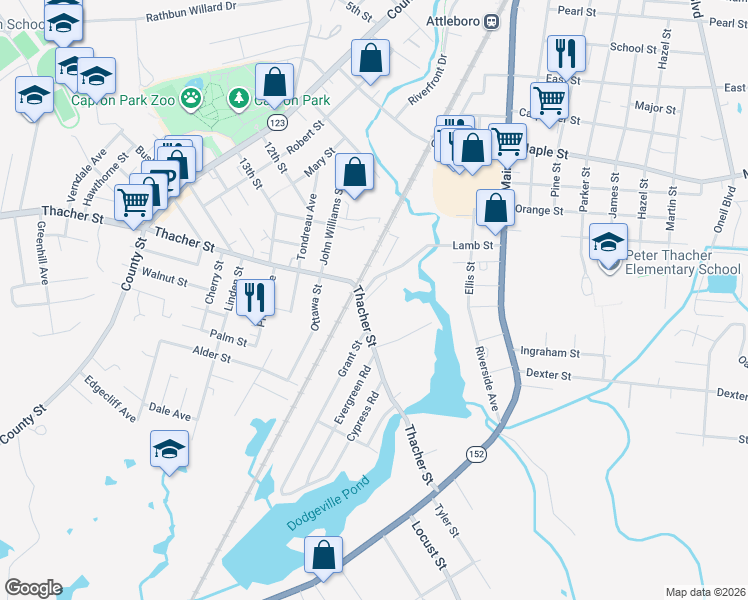 map of restaurants, bars, coffee shops, grocery stores, and more near 179 Thacher Street in Attleboro