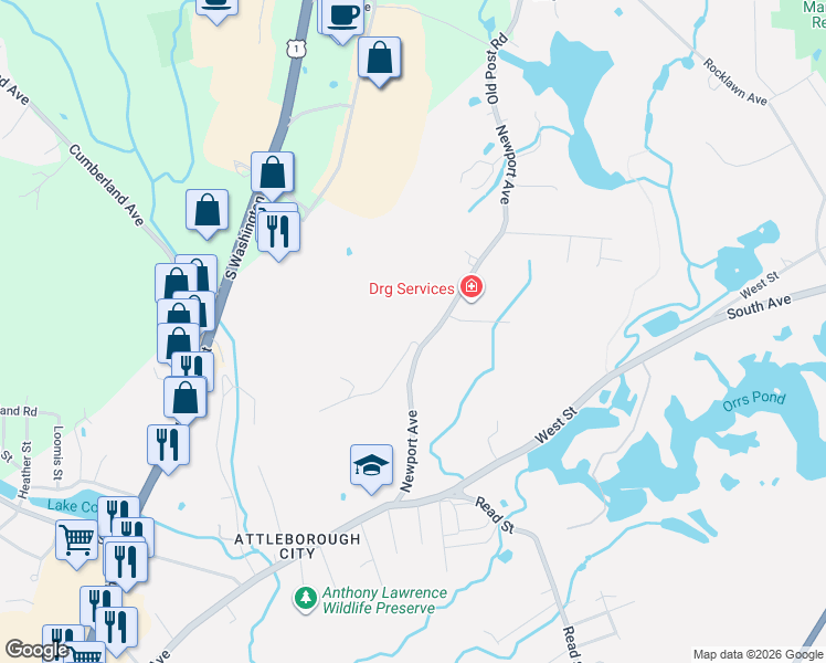 map of restaurants, bars, coffee shops, grocery stores, and more near 155 Newport Avenue in Attleboro