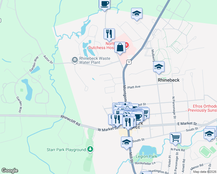 map of restaurants, bars, coffee shops, grocery stores, and more near 1 Village Green in Rhinebeck