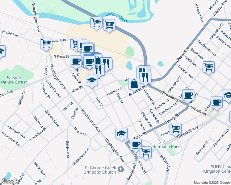 map of restaurants, bars, coffee shops, grocery stores, and more near 72 Maiden Lane in Kingston