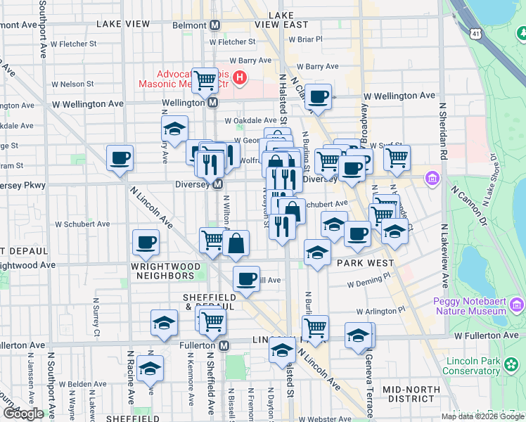 map of restaurants, bars, coffee shops, grocery stores, and more near 2701 North Mildred Avenue in Chicago
