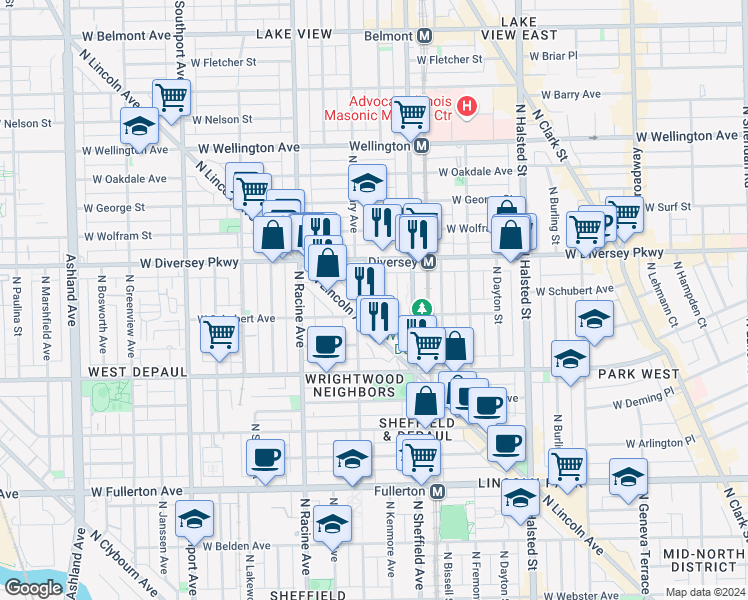map of restaurants, bars, coffee shops, grocery stores, and more near 2736 North Kenmore Avenue in Chicago