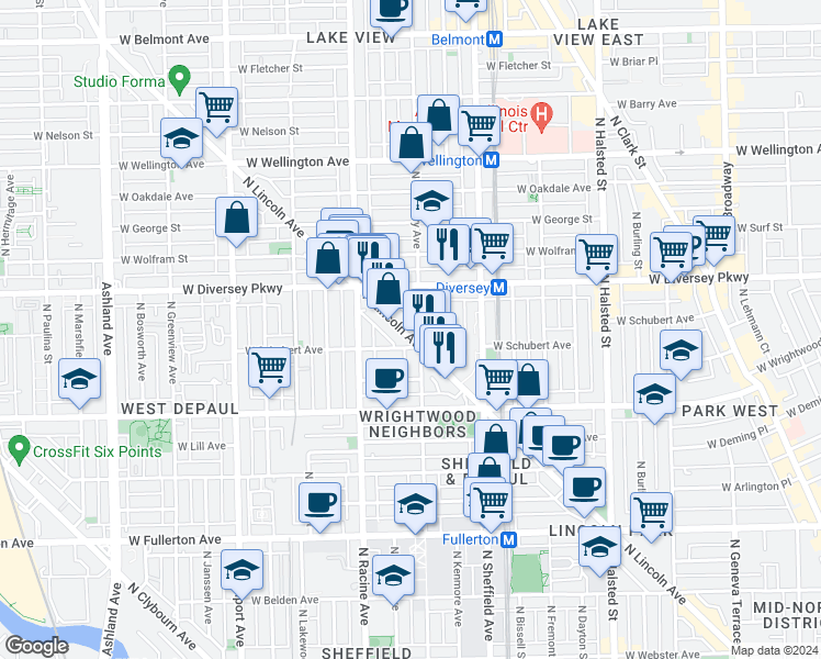 map of restaurants, bars, coffee shops, grocery stores, and more near 2710 North Lincoln Avenue in Chicago