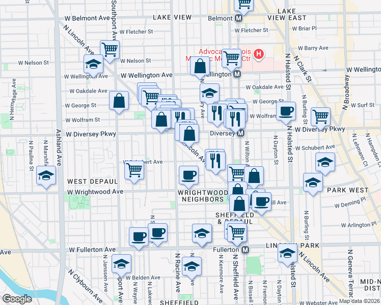 map of restaurants, bars, coffee shops, grocery stores, and more near 2710 North Lincoln Avenue in Chicago