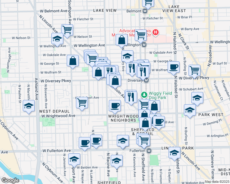 map of restaurants, bars, coffee shops, grocery stores, and more near 2710 North Lincoln Avenue in Chicago