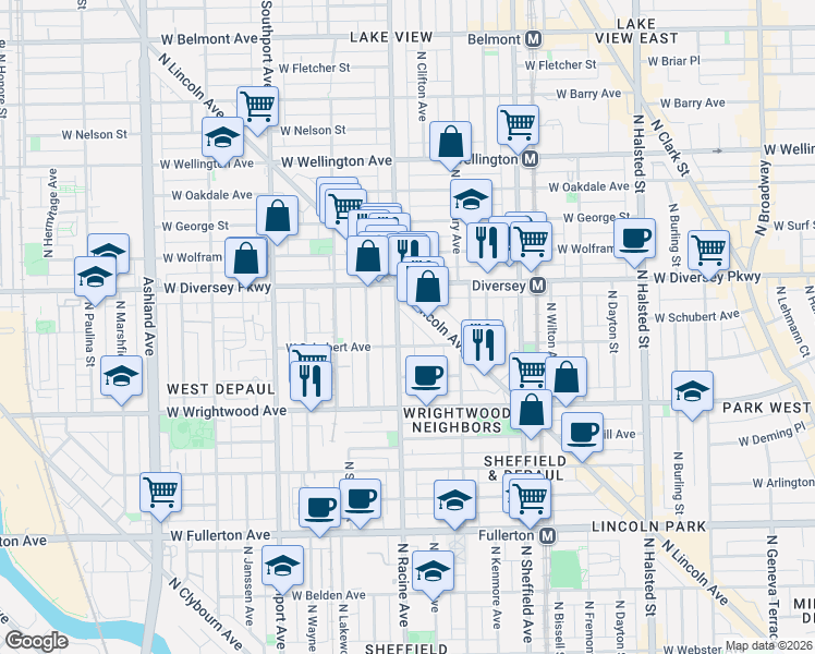 map of restaurants, bars, coffee shops, grocery stores, and more near 2707 North Racine Avenue in Chicago