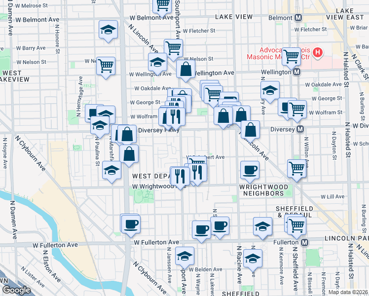 map of restaurants, bars, coffee shops, grocery stores, and more near 2709 North Southport Avenue in Chicago