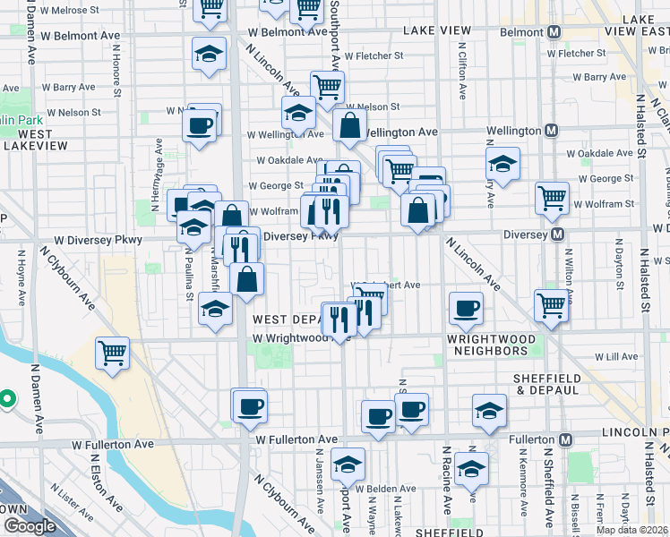 map of restaurants, bars, coffee shops, grocery stores, and more near 2707 North Janssen Avenue in Chicago