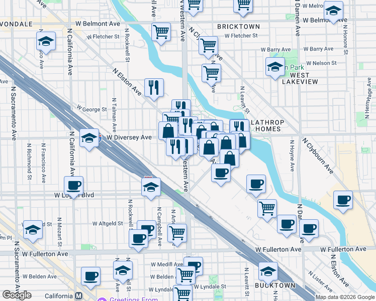 map of restaurants, bars, coffee shops, grocery stores, and more near 2318 West Schubert Avenue in Chicago