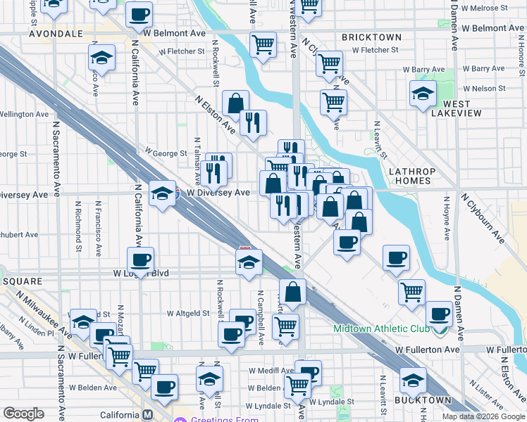 map of restaurants, bars, coffee shops, grocery stores, and more near 2721 North Campbell Avenue in Chicago